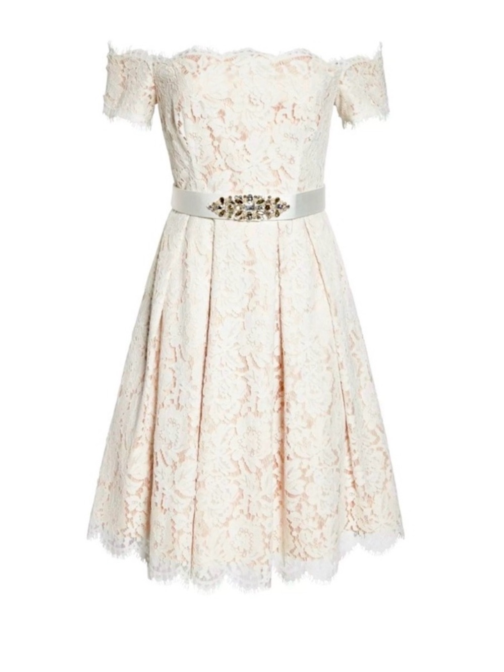 Eliza J Cream Lace Off-Shoulder Midi Dress with Jeweled Belt